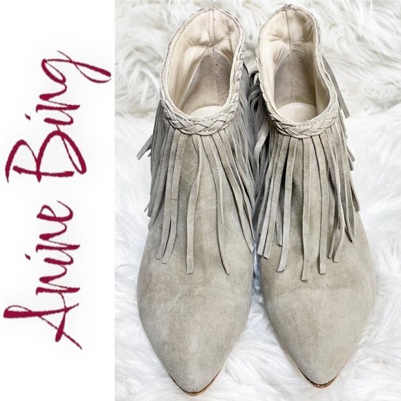 ANINE BING Irmelin Gray Suede Fringe Ankle Bootie, Size 37 - Picture 3 of 10